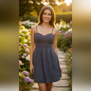 Black dress w/ white polka dots, red detail. Modern Love. EUC